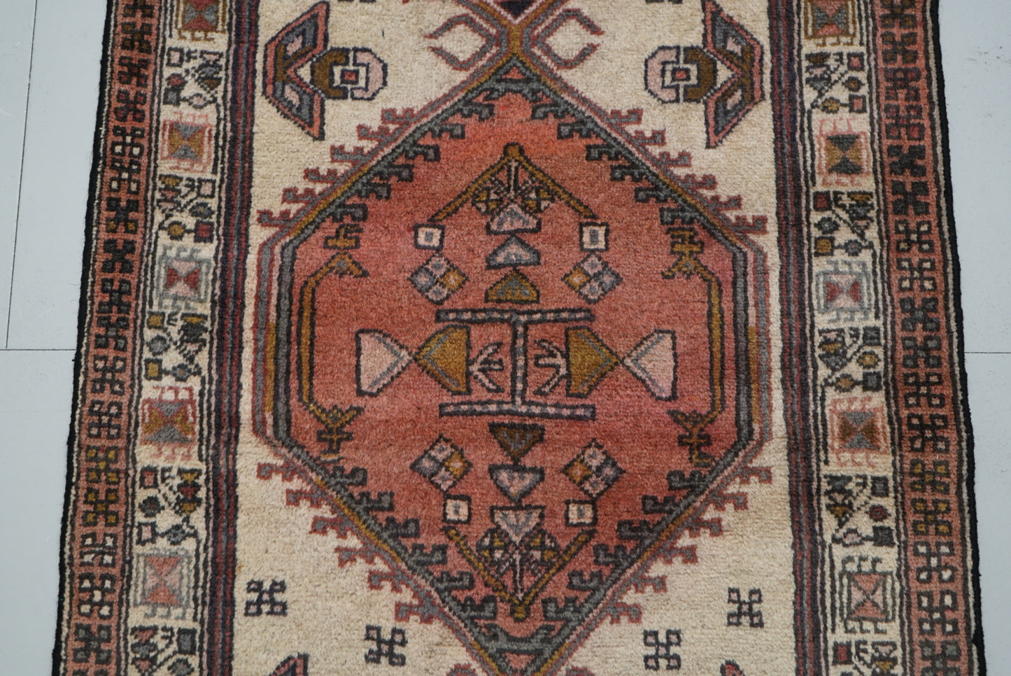 Vintage Persian Ardabil Cream & Multi Wool Geometric Runner Rug | Handmade | 296 x 71 cm