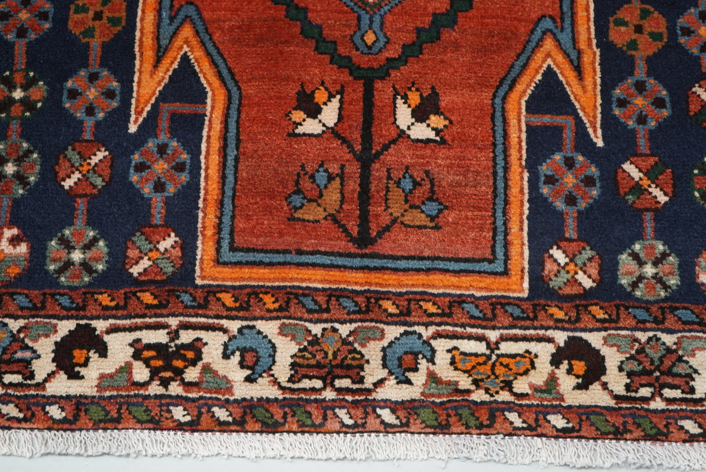 Vintage Persian Mazlagan Red & Navy Wool Geometric Rug | Handmade | 152 x 110 cm