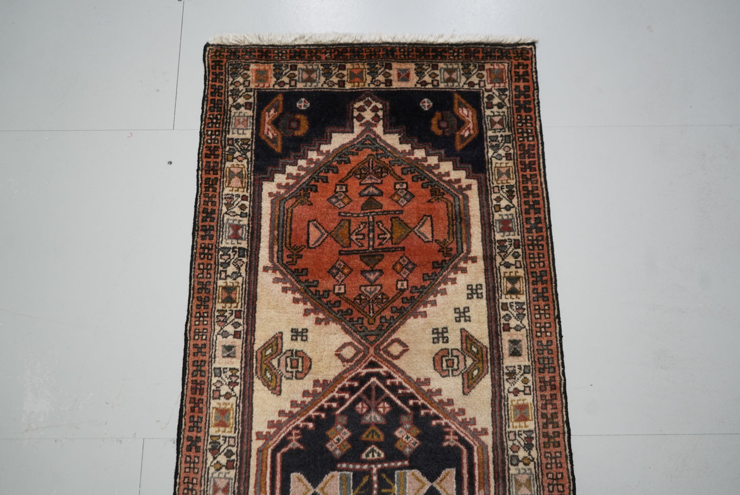 Vintage Persian Ardabil Cream & Multi Wool Geometric Runner Rug | Handmade | 296 x 71 cm