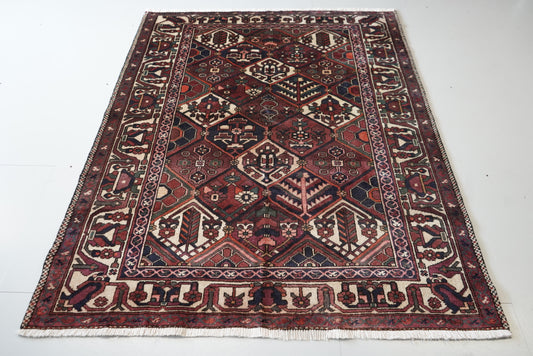 Vintage Persian Bakhtiari Red Wool Garden Design Rug | Handmade | 206 x 162 cm