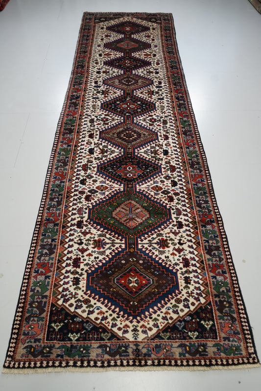 Handmade Persian Yalameh Geometric Wool Runner | 380 x 110 cm | Cream, Navy & Red | Vintage