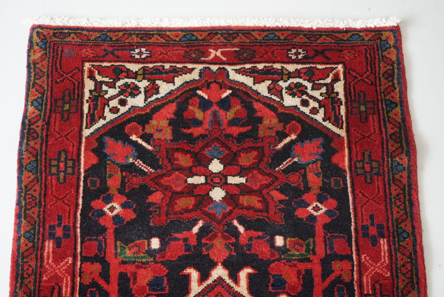 Vintage Persian Karaja Navy & Red Wool Geometric Runner Rug | Handmade | 218 x 80 cm