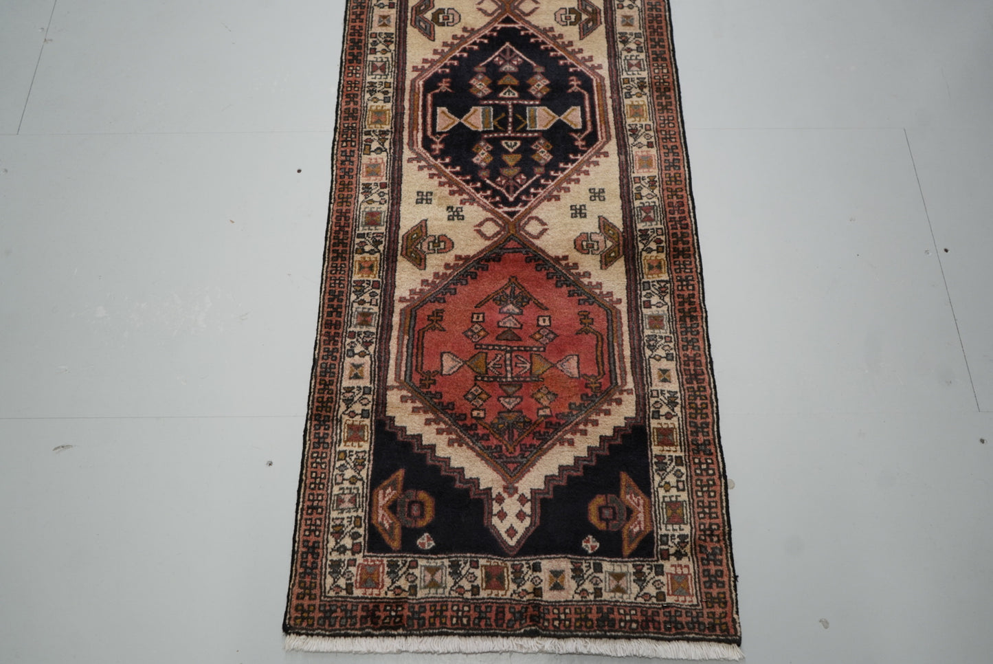 Vintage Persian Ardabil Cream & Multi Wool Geometric Runner Rug | Handmade | 296 x 71 cm