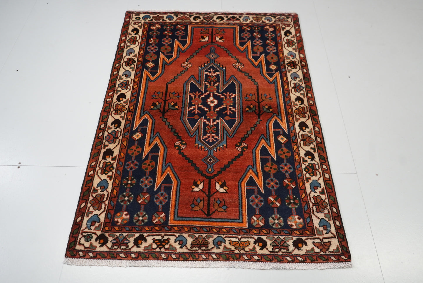 Vintage Persian Mazlagan Red & Navy Wool Geometric Rug | Handmade | 152 x 110 cm