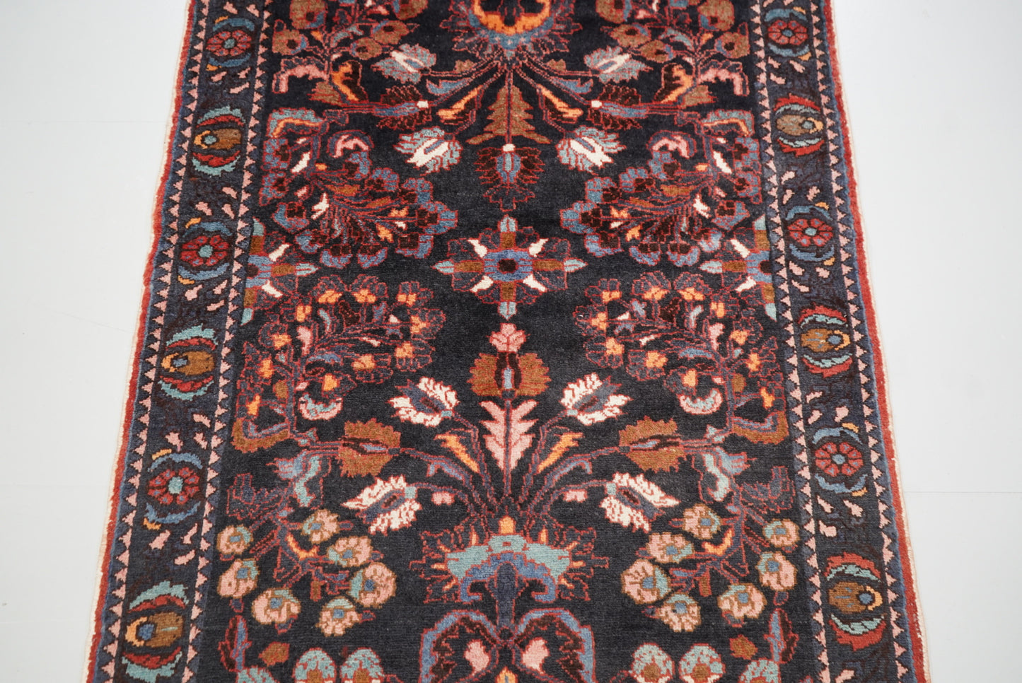 Handmade Persian Hamadan Floral Wool Runner | 304 x 116 cm | Dark Navy & Rust | Vintage