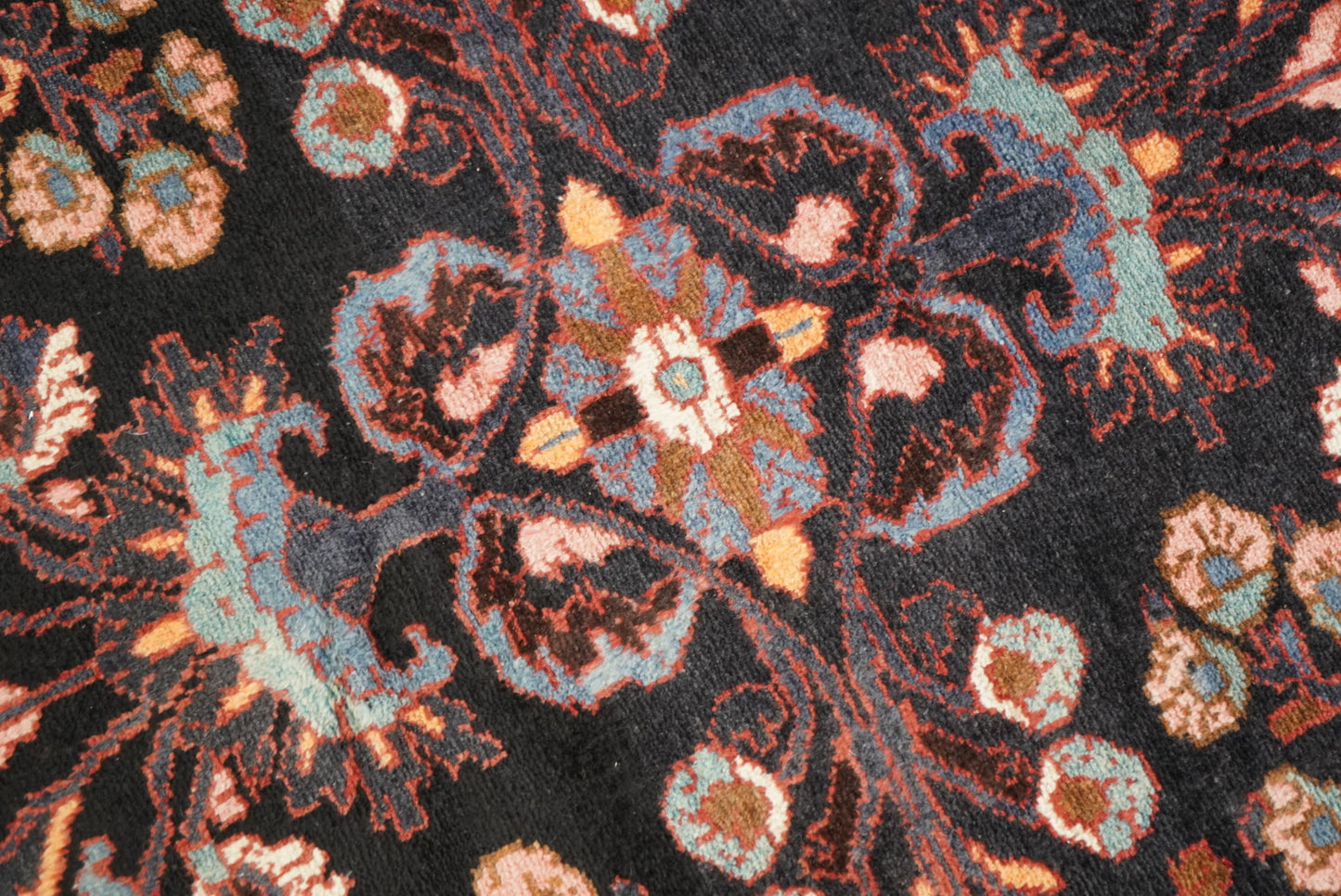 Handmade Persian Hamadan Floral Wool Runner | 304 x 116 cm | Dark Navy & Rust | Vintage