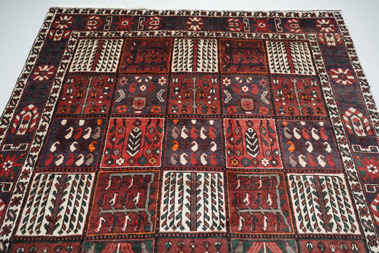 Handmade Persian Bakhtiari Garden Design Wool Rug | 288 x 204 cm | Red & Navy | Vintage