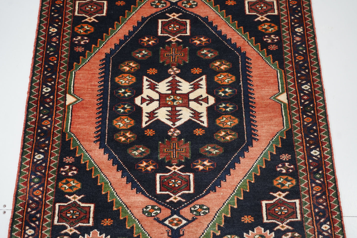 Persian Mazlagan Red & Navy Wool Geometric Rug | Handmade | 154 x 108 cm