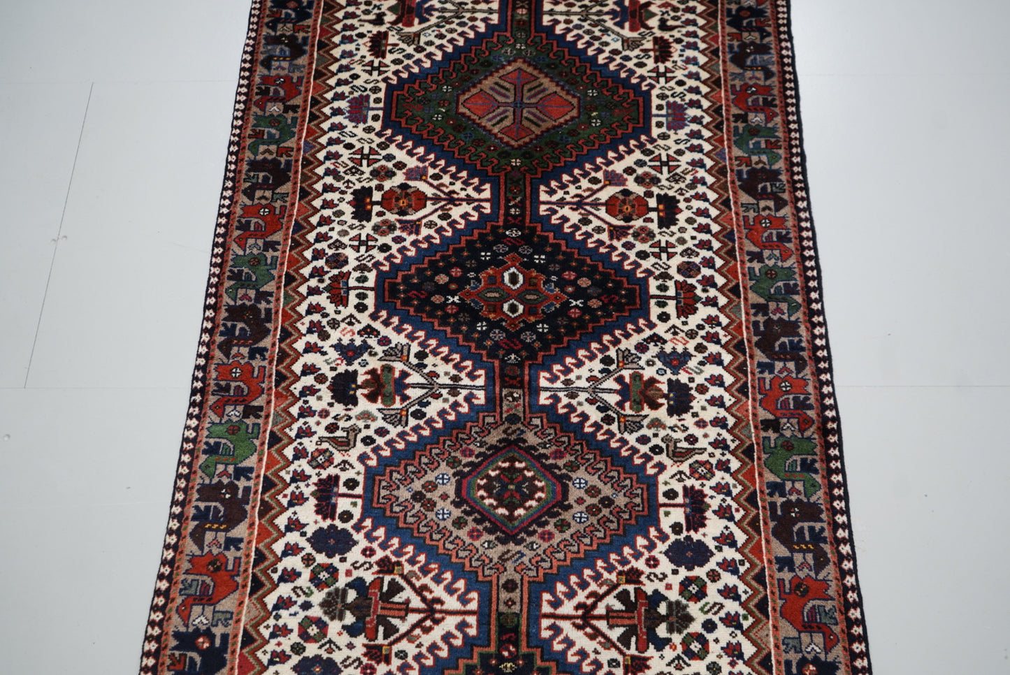 Handmade Persian Yalameh Geometric Wool Runner | 380 x 110 cm | Cream, Navy & Red | Vintage