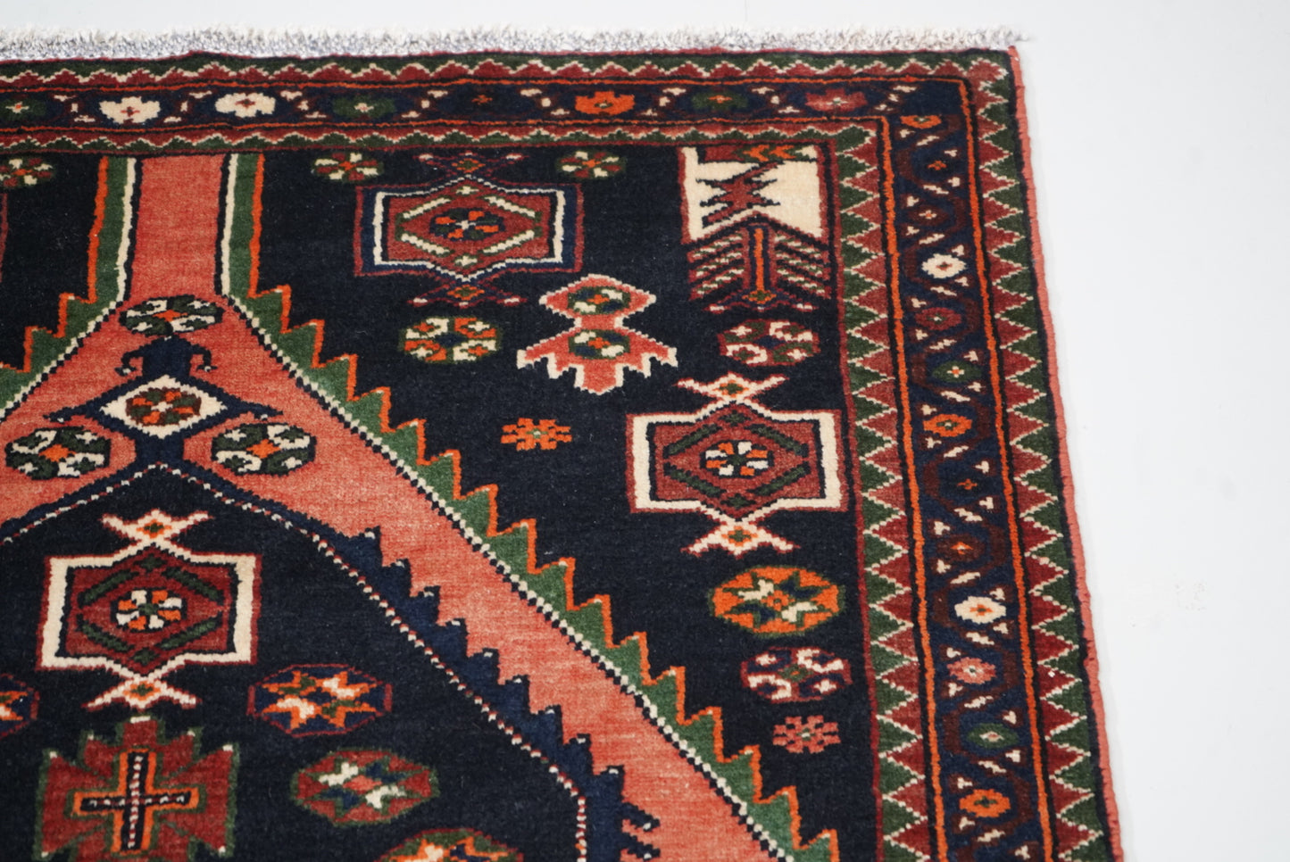 Persian Mazlagan Red & Navy Wool Geometric Rug | Handmade | 154 x 108 cm
