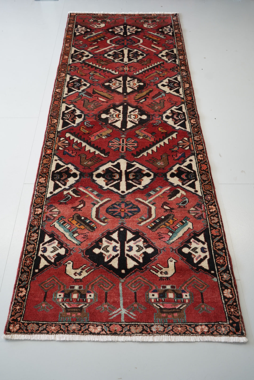 Vintage Persian Bakhtiari Red Wool Geometric Runner Rug | Handmade | 298 x 111 cm