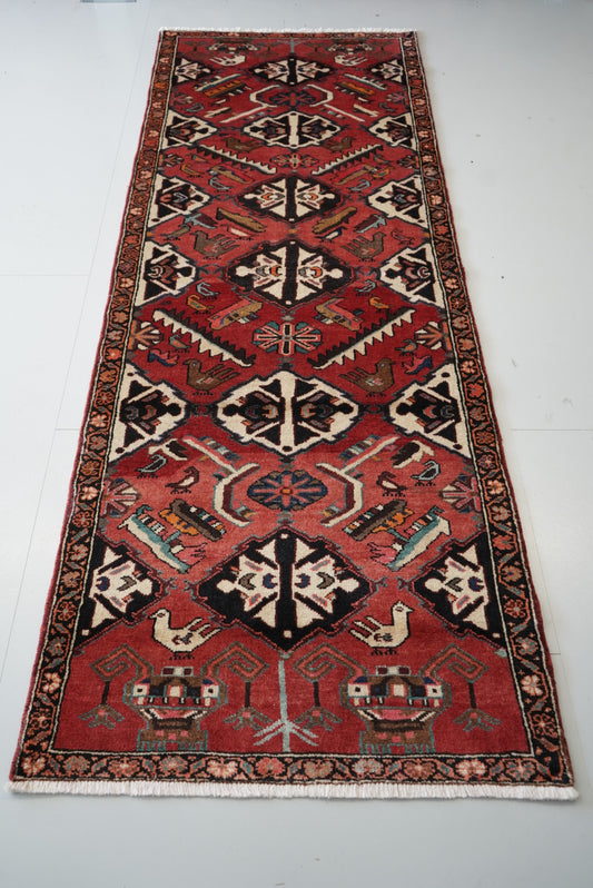 Vintage Persian Bakhtiari Red Wool Geometric Runner Rug | Handmade | 298 x 111 cm