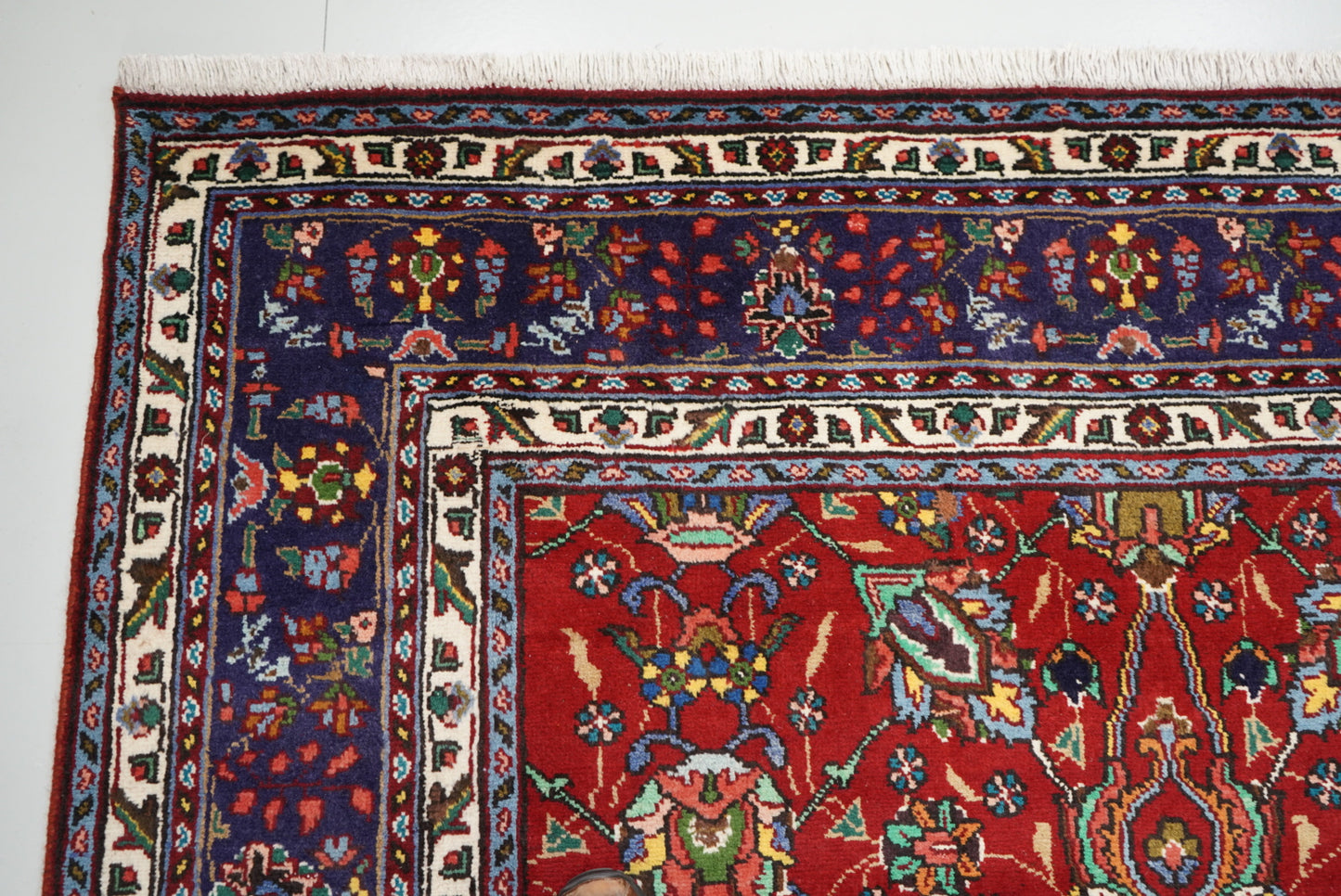 Handmade Persian Tabriz Floral Wool Rug | 297 x 209 cm | Red & Navy | Vintage