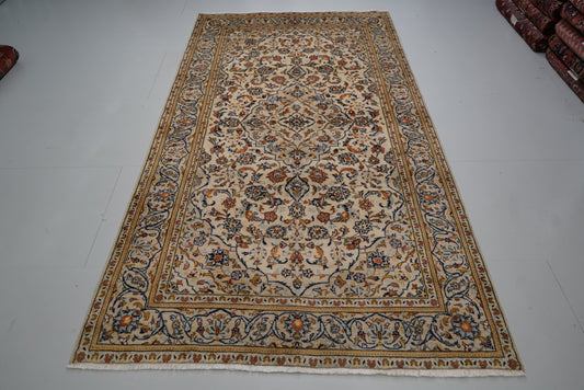 Vintage Persian Kashan Cream Wool Rug | Handmade | 283 x 148 cm