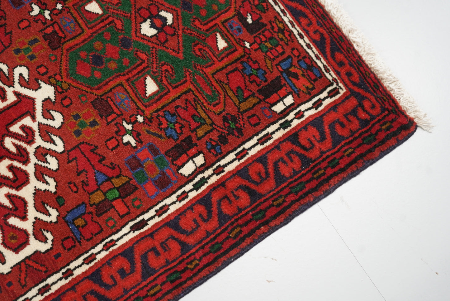Vintage Persian Ahar Red Wool Geometric Runner Rug | Handmade | 200 x 72 cm