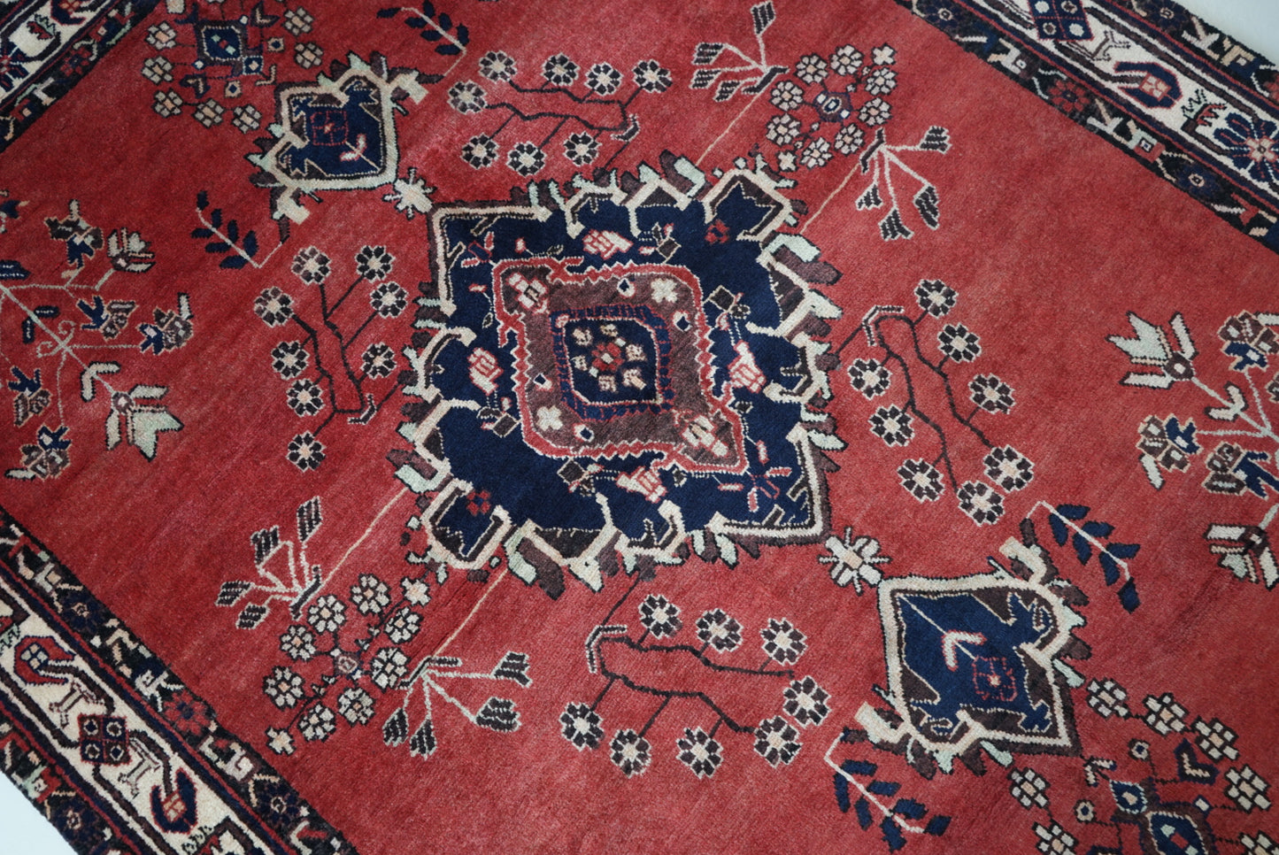 Vintage Persian Sirjan Red Wool Geometric Rug | Handmade | 222 x 162 cm