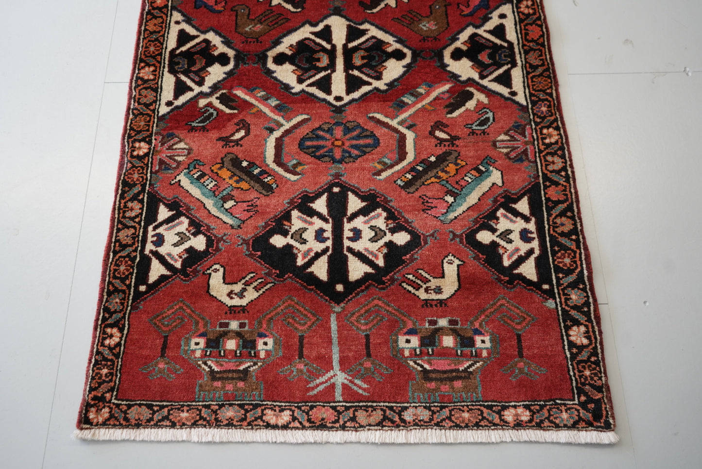 Vintage Persian Bakhtiari Red Wool Geometric Runner Rug | Handmade | 298 x 111 cm