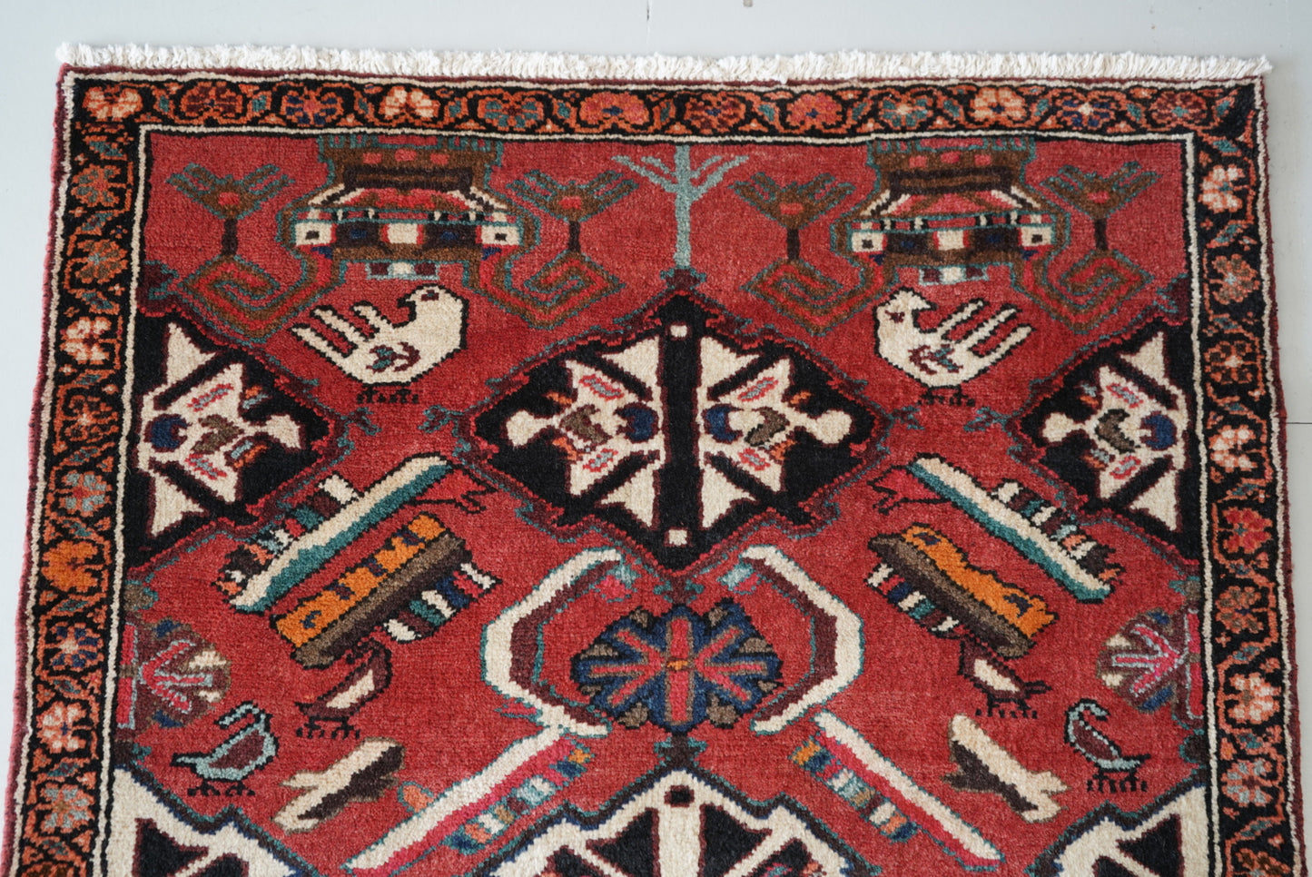 Vintage Persian Bakhtiari Red Wool Geometric Runner Rug | Handmade | 298 x 111 cm