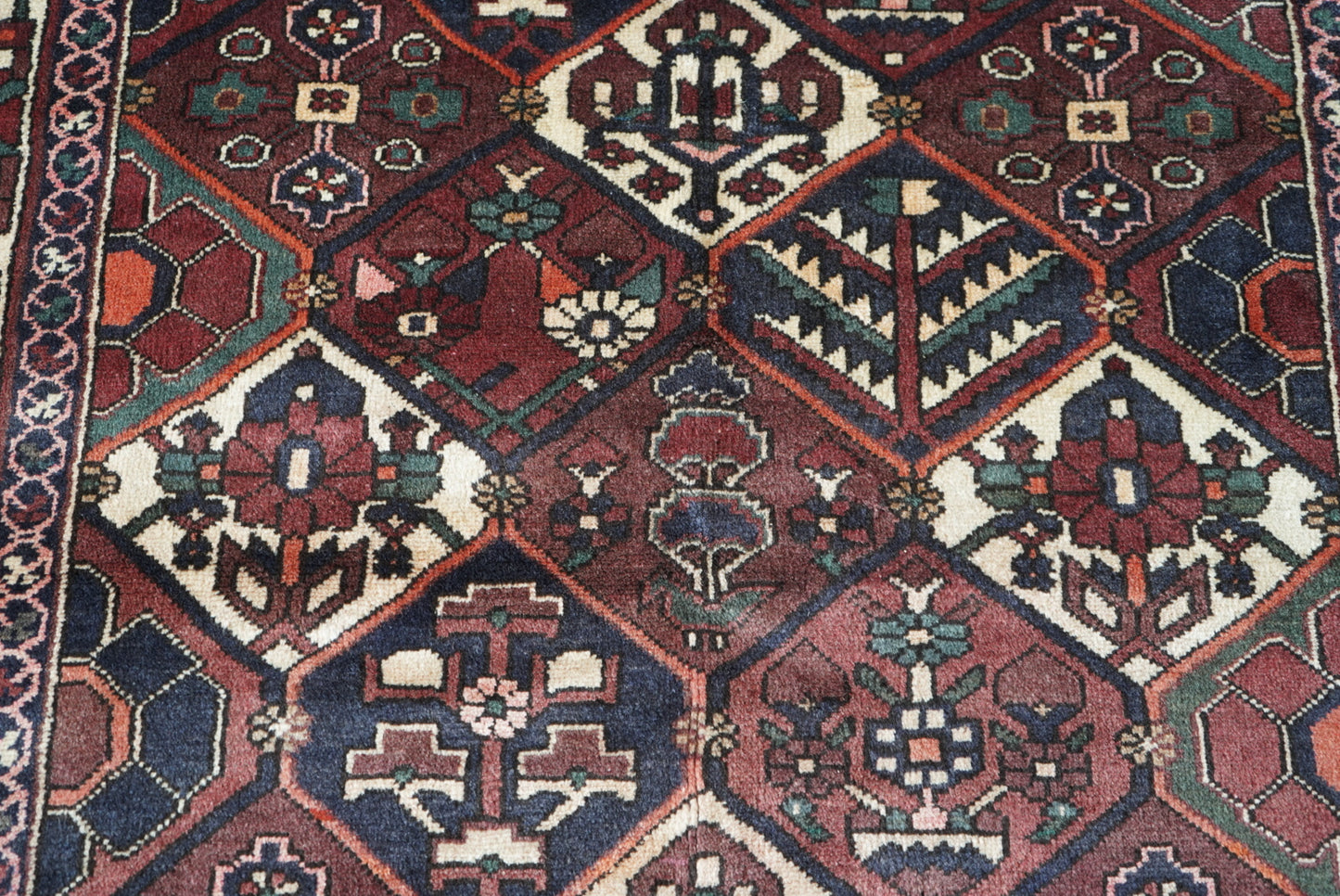 Vintage Persian Bakhtiari Red Wool Garden Design Rug | Handmade | 206 x 162 cm