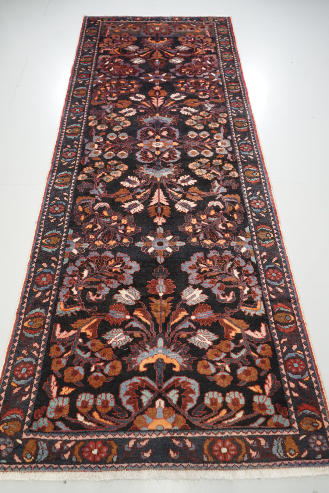 Handmade Persian Hamadan Floral Wool Runner | 304 x 116 cm | Dark Navy & Rust | Vintage