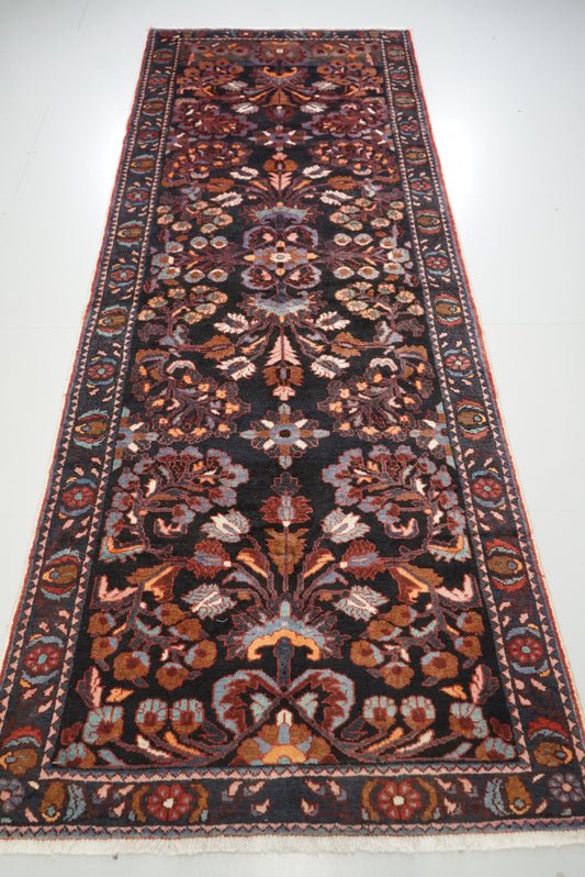 Handmade Persian Hamadan Floral Wool Runner | 304 x 116 cm | Dark Navy & Rust | Vintage