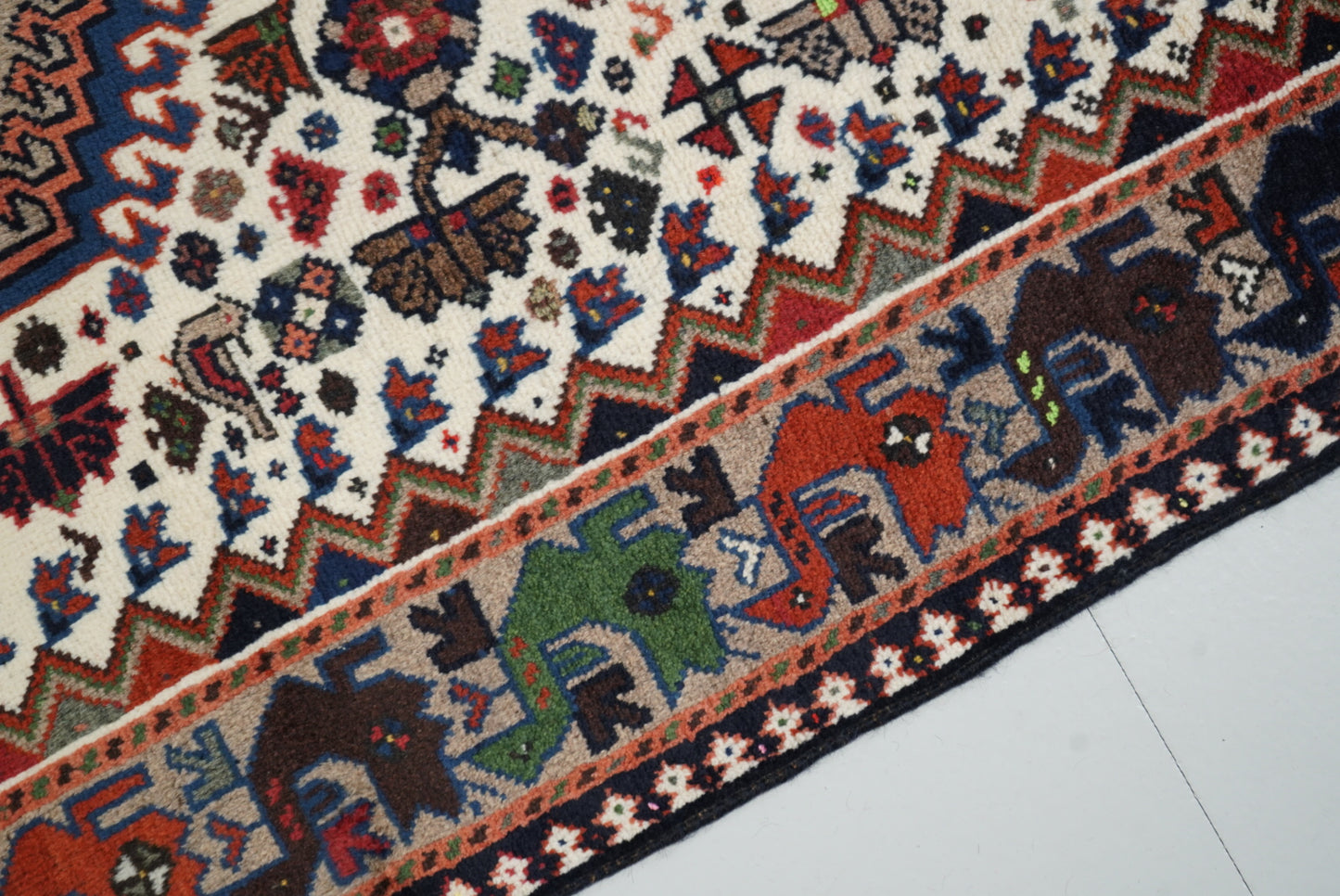 Handmade Persian Yalameh Geometric Wool Runner | 380 x 110 cm | Cream, Navy & Red | Vintage