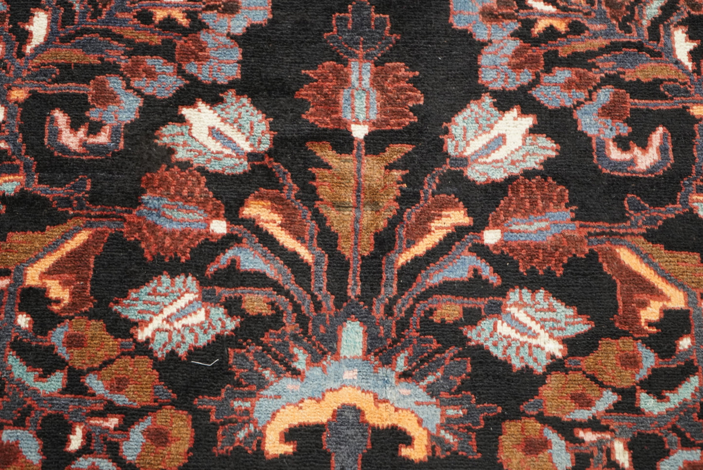 Handmade Persian Hamadan Floral Wool Runner | 304 x 116 cm | Dark Navy & Rust | Vintage