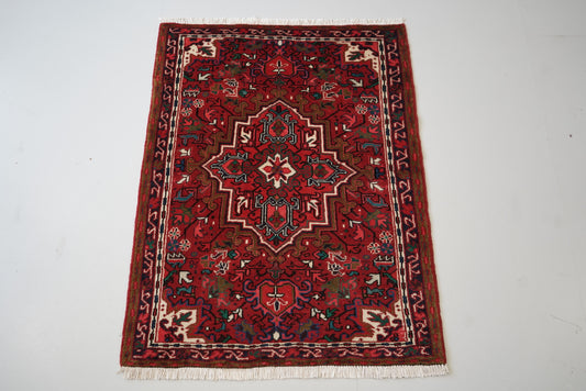 Persian Ahar Red Wool Geometric Rug | Handmade | 105 x 82 cm