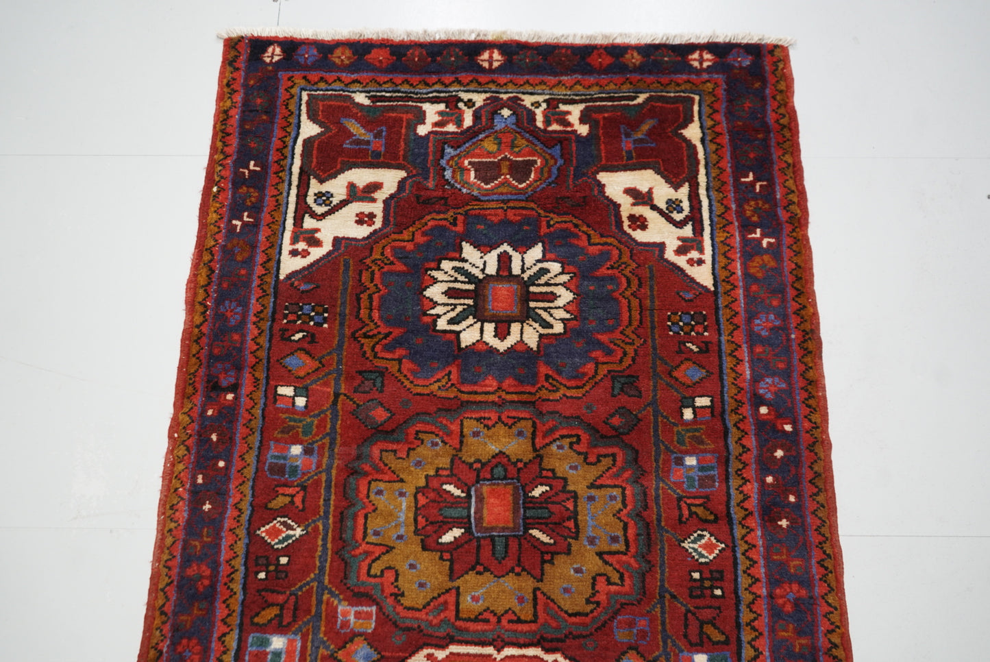Vintage Persian Ahar Red Wool Geometric Runner Rug | Handmade | 324 x 100 cm