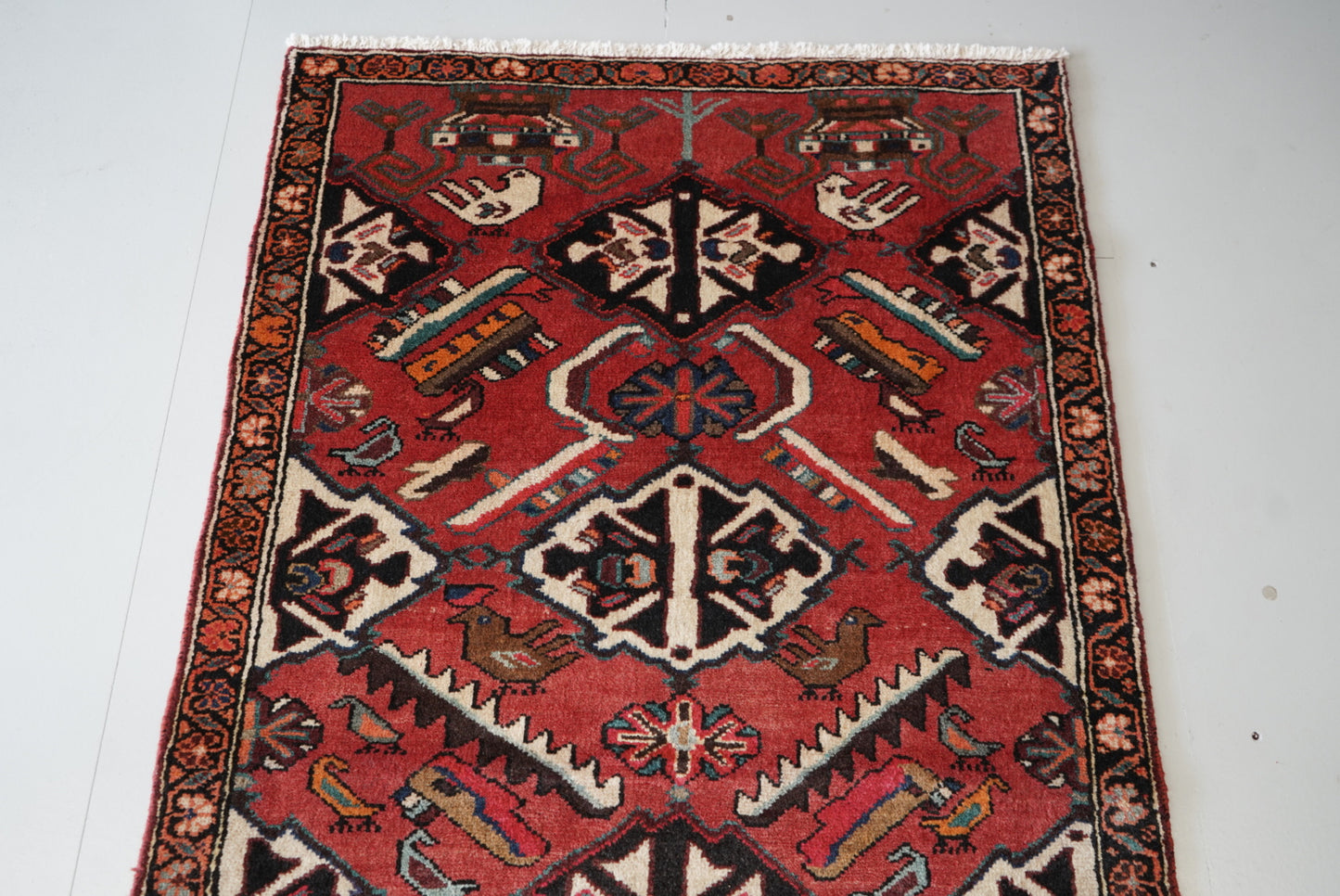 Vintage Persian Bakhtiari Red Wool Geometric Runner Rug | Handmade | 298 x 111 cm