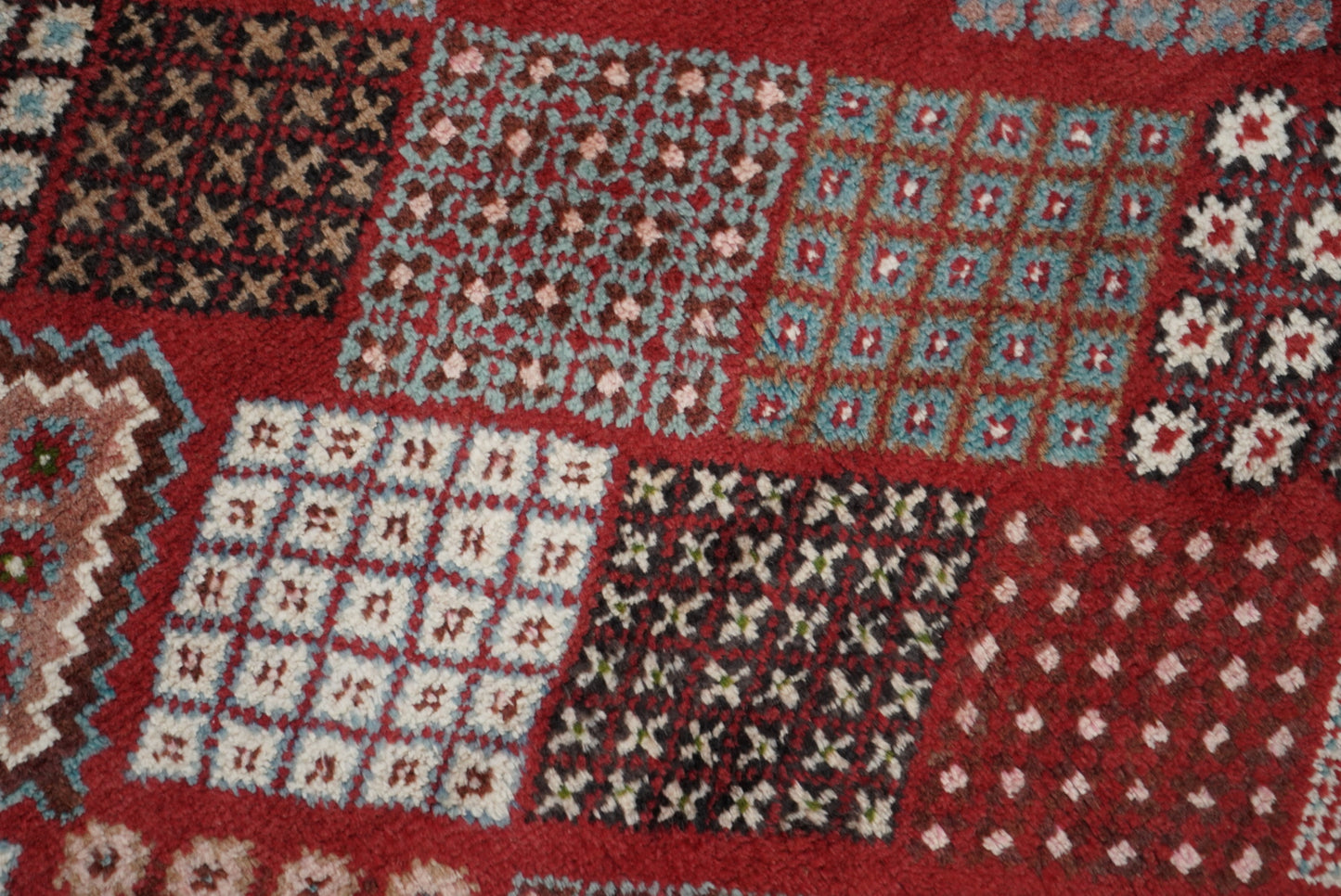 Handmade Persian Mahabad Geometric Wool Rug | 291 x 202 cm | Red & Multi | Vintage