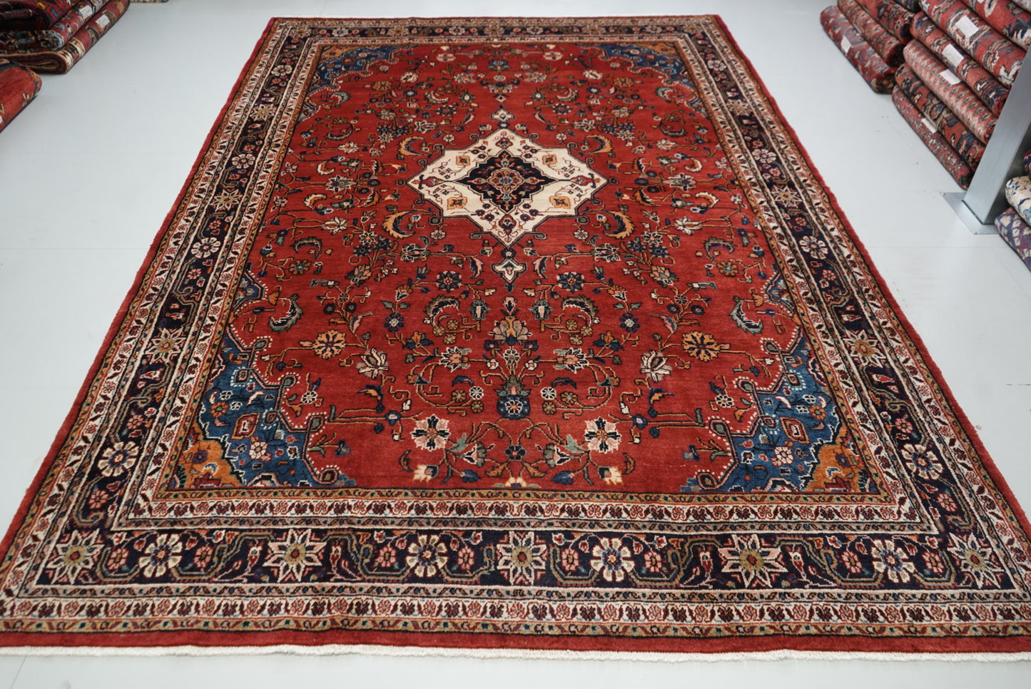 Vintage Persian Bibikabad Red Wool Floral Medallion Rug | Handmade | 333 x 217 cm
