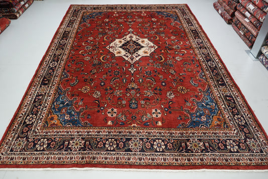 Vintage Persian Bibikabad Red Wool Floral Medallion Rug | Handmade | 333 x 217 cm