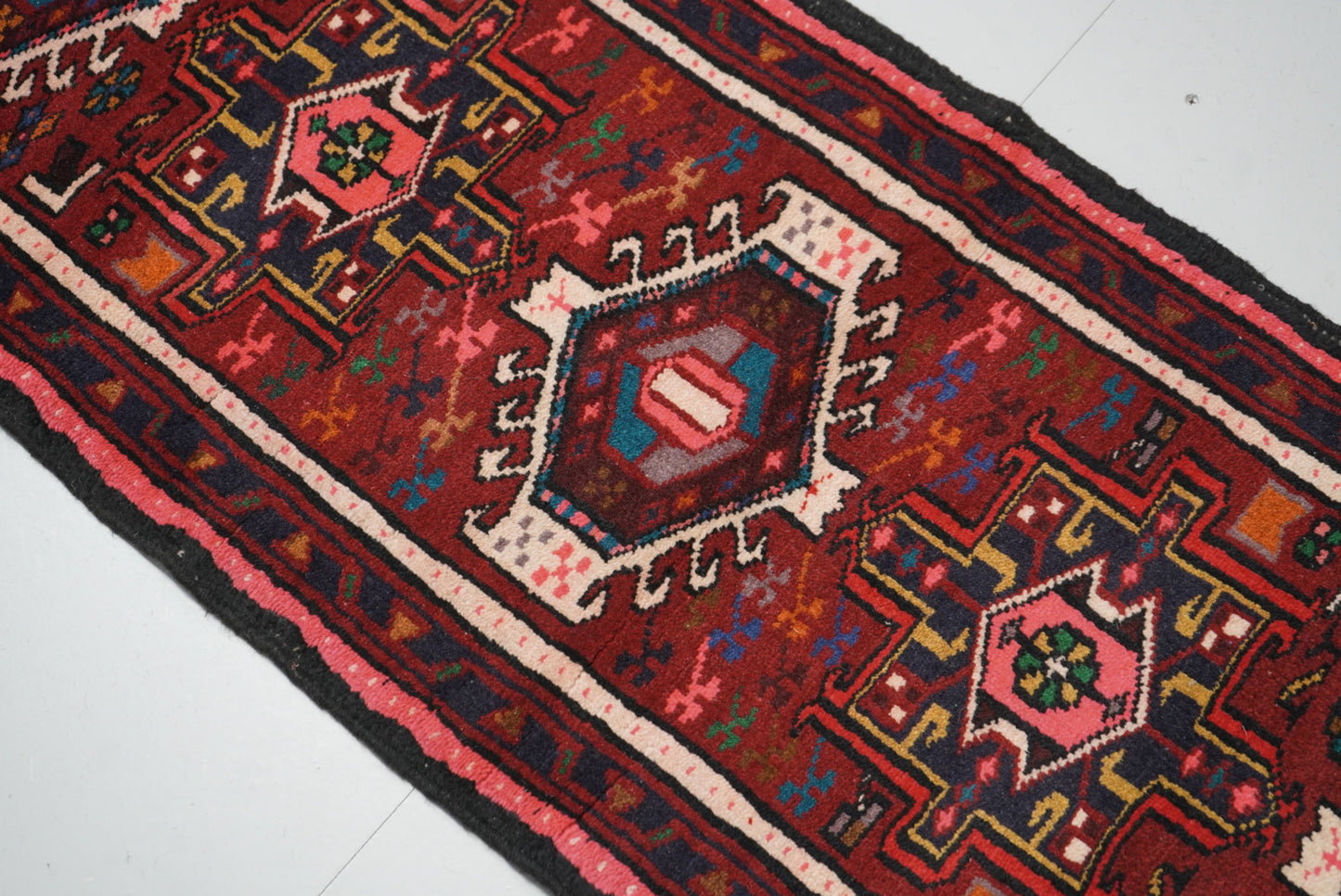 Vintage Persian Karaja Red Wool Runner Rug | Handmade | 240 x 62 cm