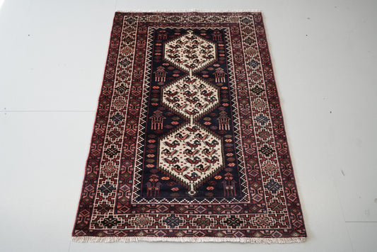 Persian Hamadan Navy Wool Geometric Rug | Handmade | 148 x 101 cm