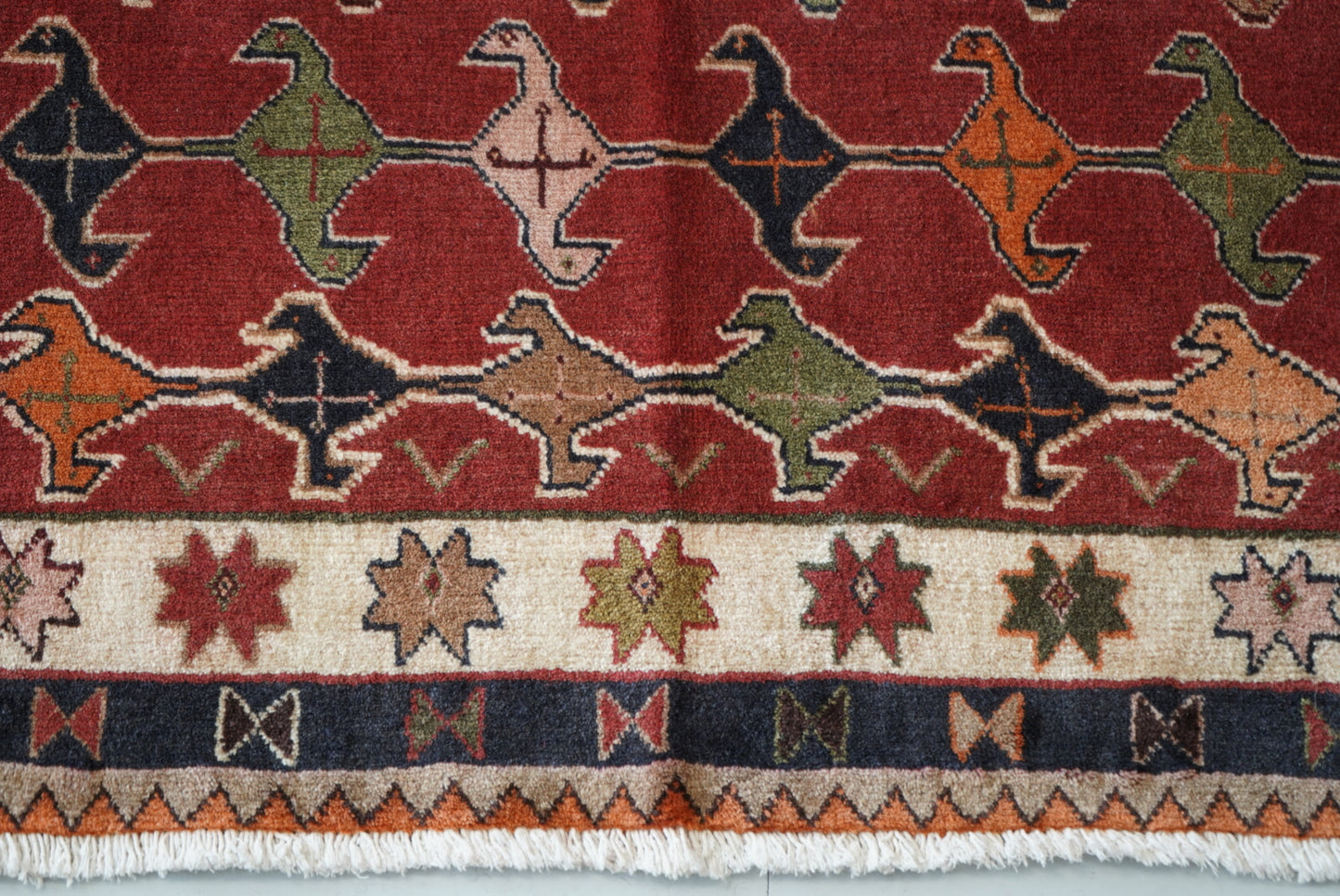 Vintage Persian Sirjan Red Wool Geometric Rug | Handmade | 222 x 140 cm