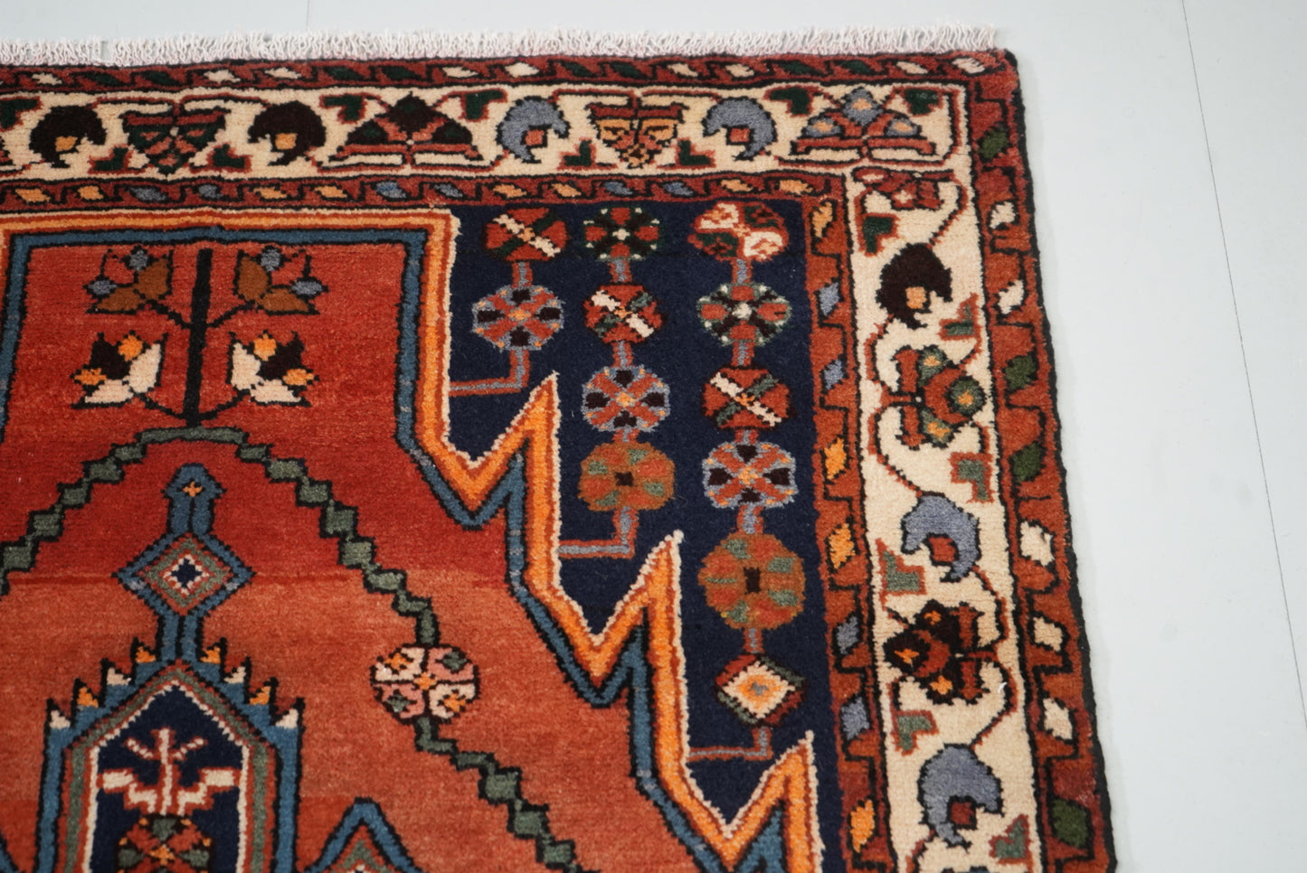 Vintage Persian Mazlagan Red & Navy Wool Geometric Rug | Handmade | 152 x 110 cm