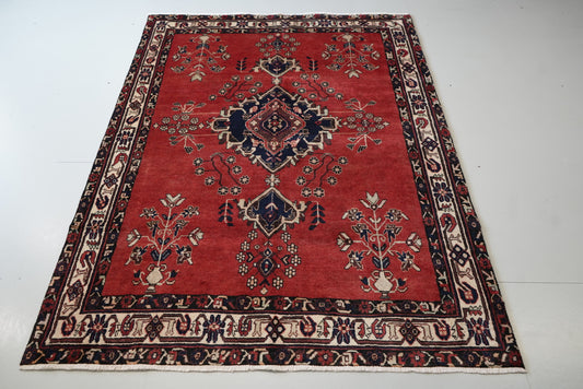 Vintage Persian Sirjan Red Wool Geometric Rug | Handmade | 222 x 162 cm