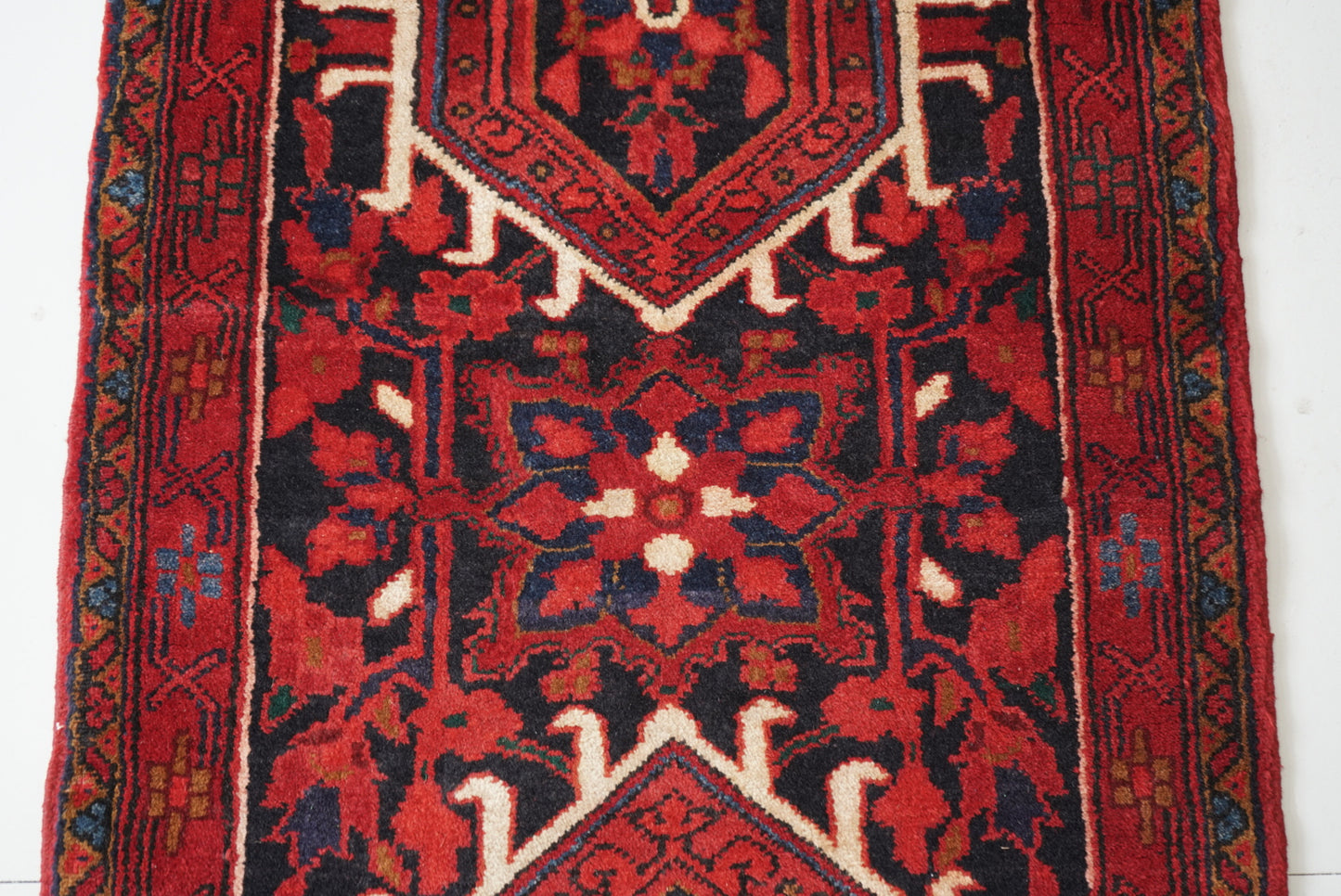 Vintage Persian Karaja Navy & Red Wool Geometric Runner Rug | Handmade | 218 x 80 cm