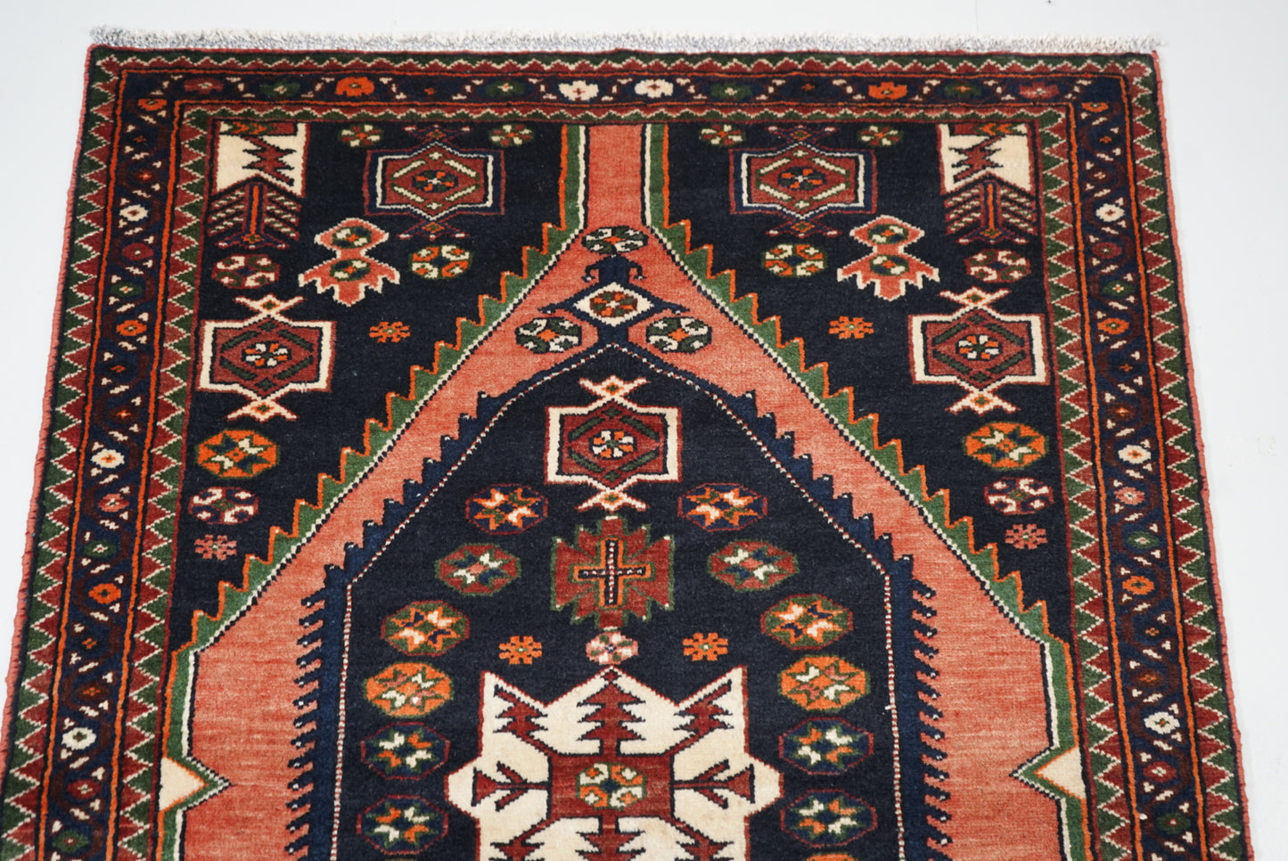 Persian Mazlagan Red & Navy Wool Geometric Rug | Handmade | 154 x 108 cm
