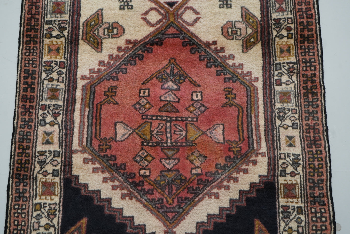 Vintage Persian Ardabil Cream & Multi Wool Geometric Runner Rug | Handmade | 296 x 71 cm