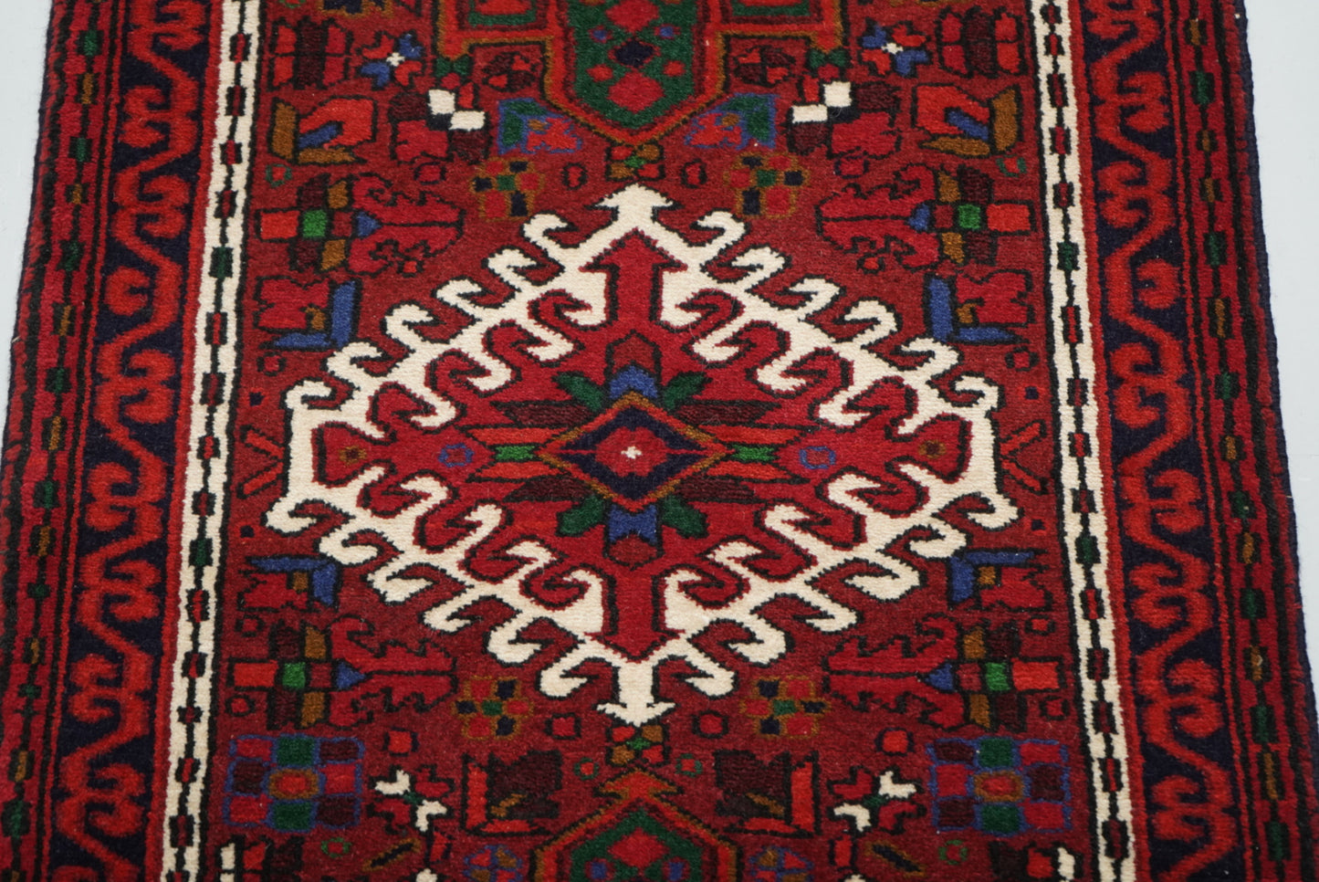 Vintage Persian Ahar Red Wool Geometric Runner Rug | Handmade | 200 x 72 cm