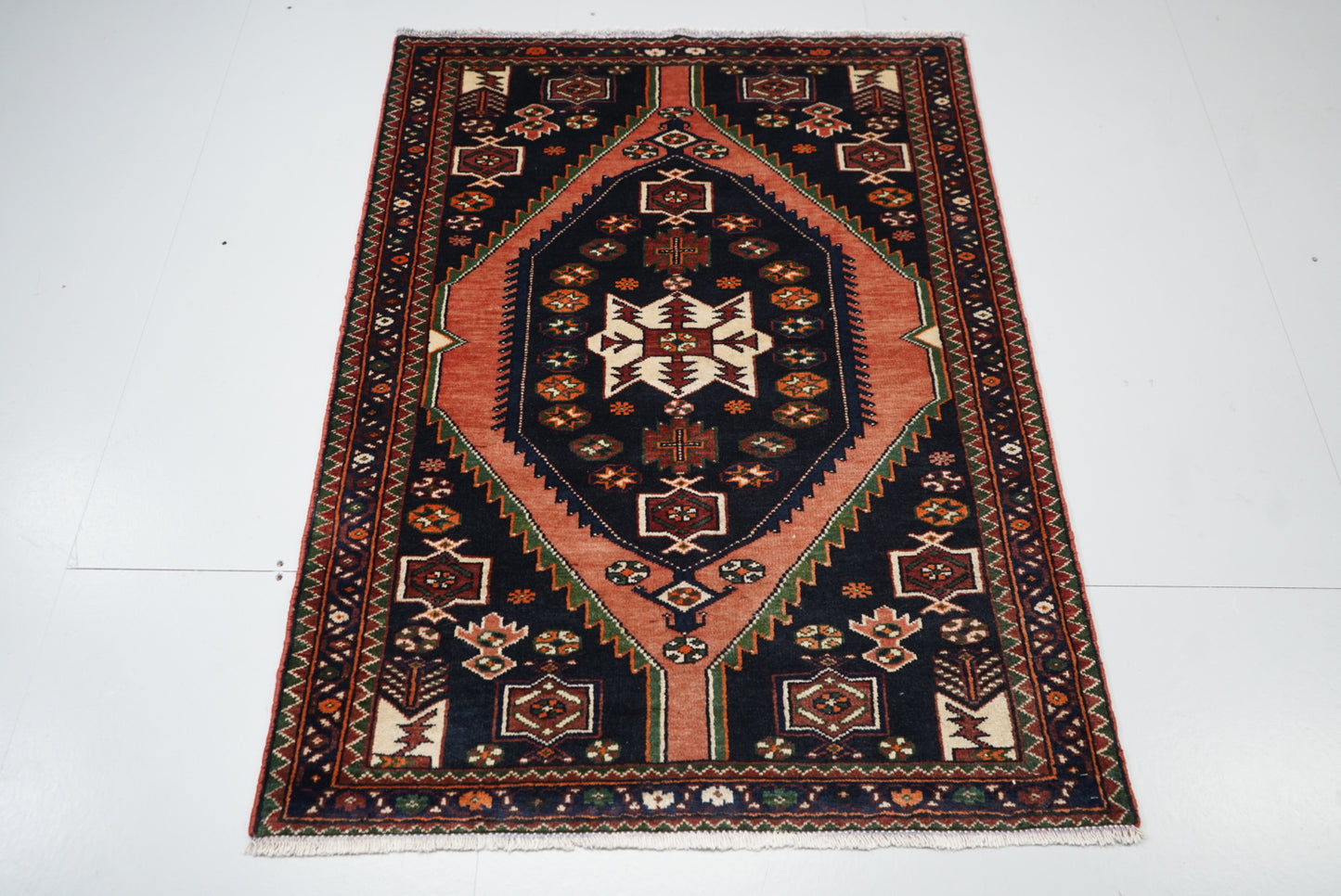 Persian Mazlagan Red & Navy Wool Geometric Rug | Handmade | 154 x 108 cm