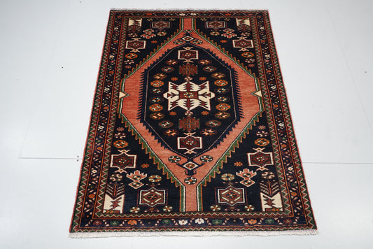 Persian Mazlagan Red & Navy Wool Geometric Rug | Handmade | 154 x 108 cm