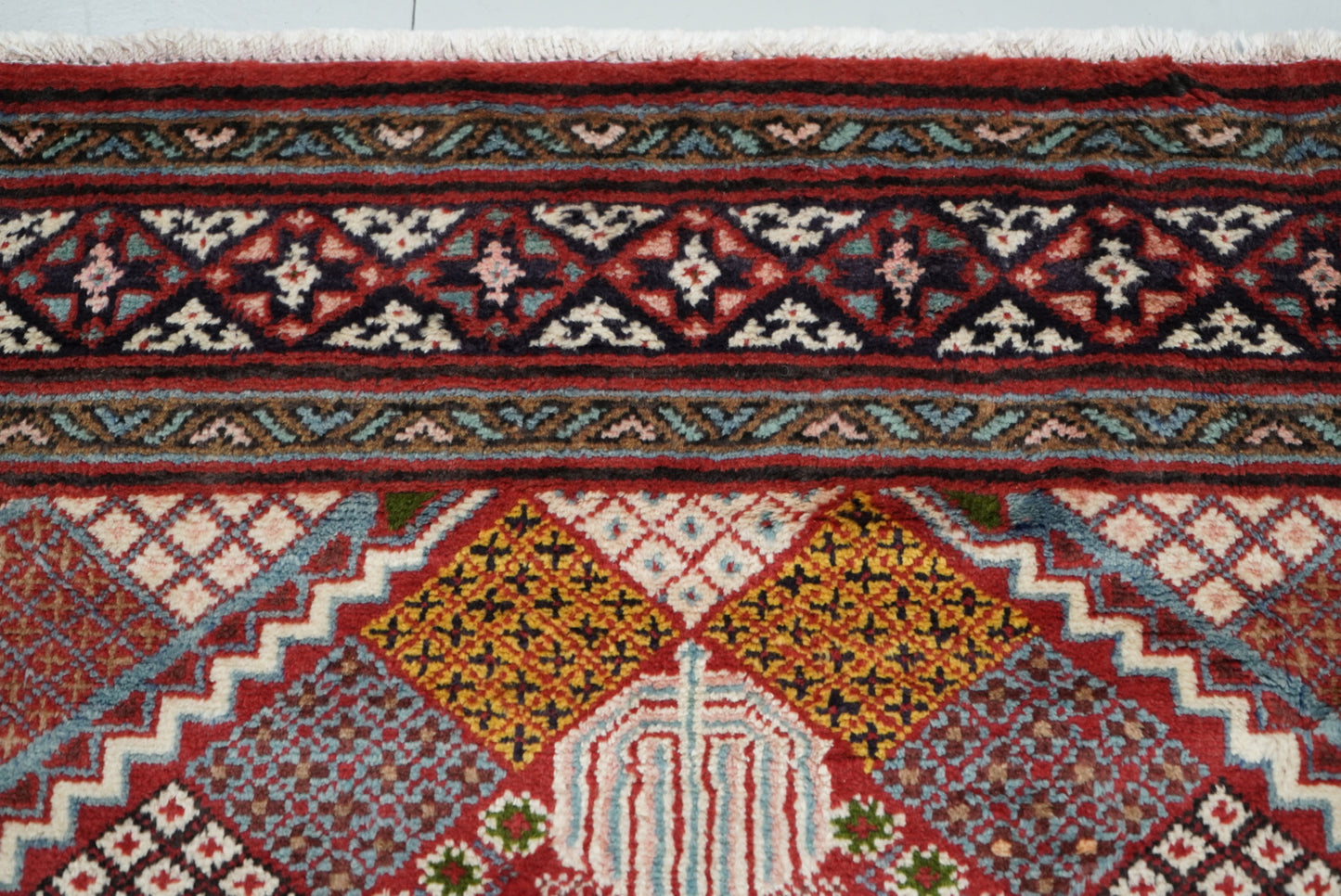 Handmade Persian Mahabad Geometric Wool Rug | 291 x 202 cm | Red & Multi | Vintage