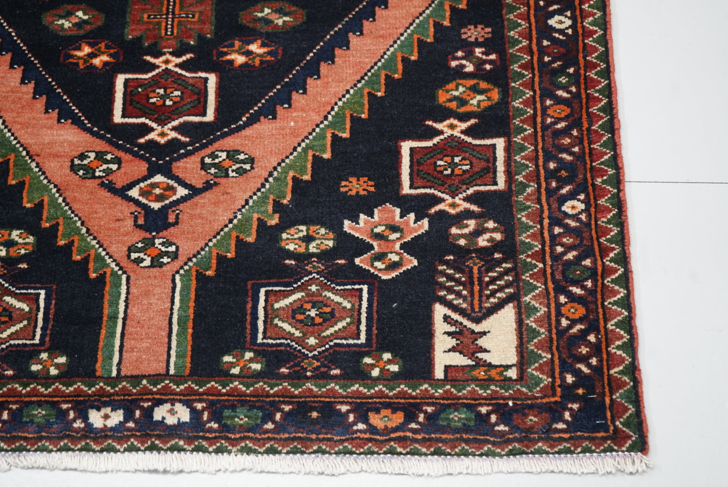 Persian Mazlagan Red & Navy Wool Geometric Rug | Handmade | 154 x 108 cm
