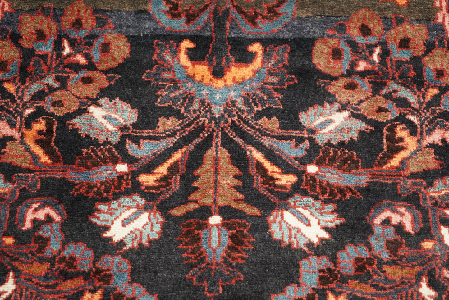Handmade Persian Hamadan Floral Wool Runner | 304 x 116 cm | Dark Navy & Rust | Vintage