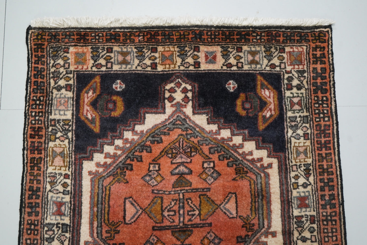 Vintage Persian Ardabil Cream & Multi Wool Geometric Runner Rug | Handmade | 296 x 71 cm