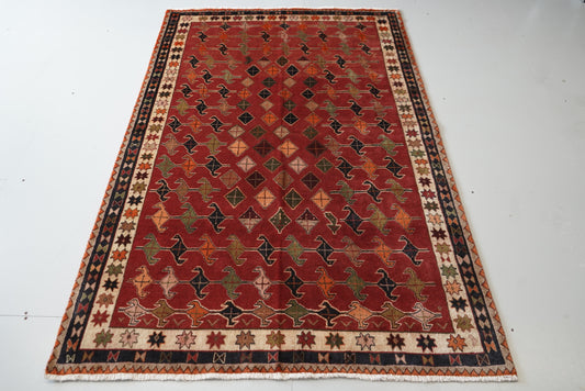 Vintage Persian Sirjan Red Wool Geometric Rug | Handmade | 222 x 140 cm