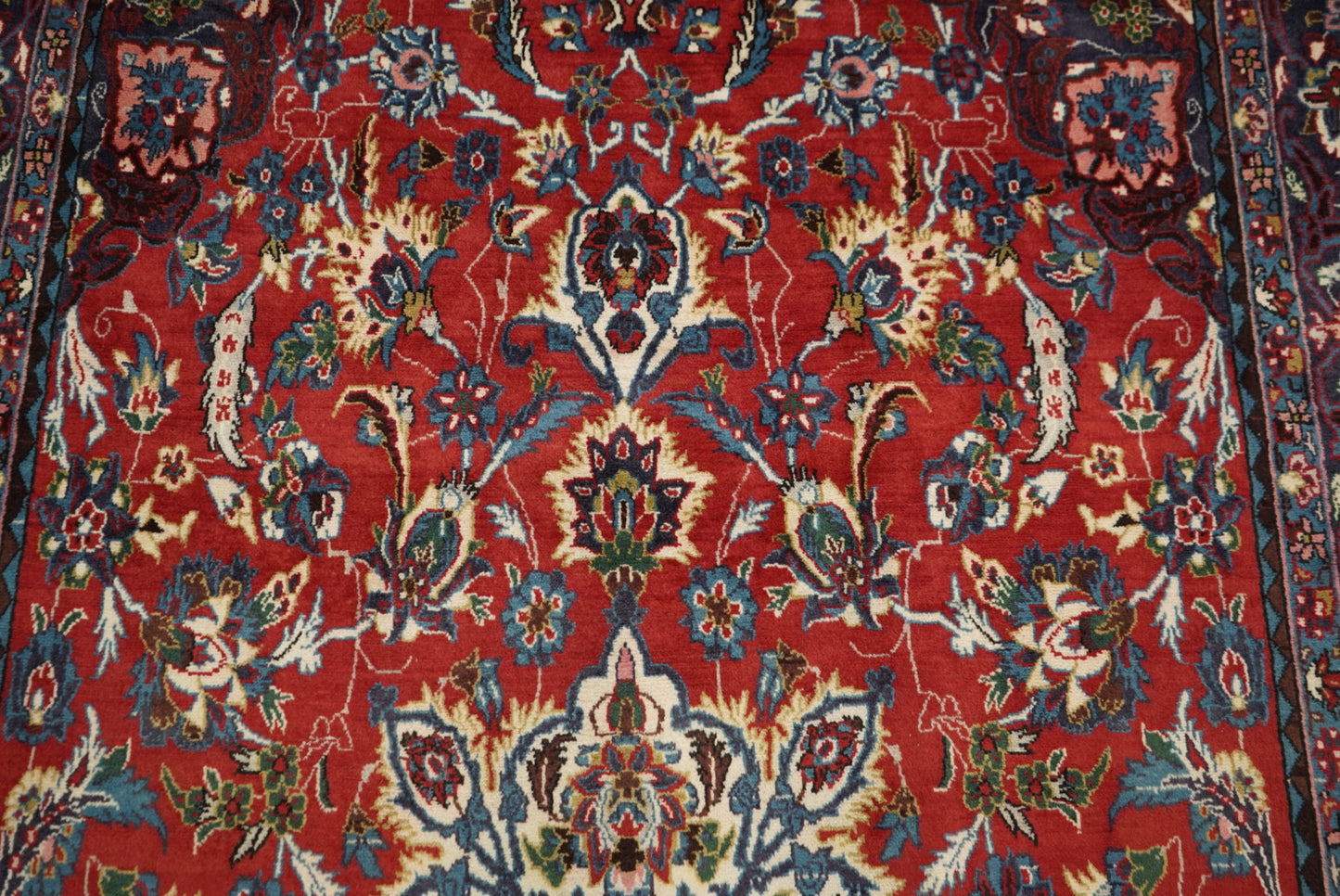Handmade Persian Arak Medallion Wool Rug | 345 x 208 cm | Red & Navy | Vintage
